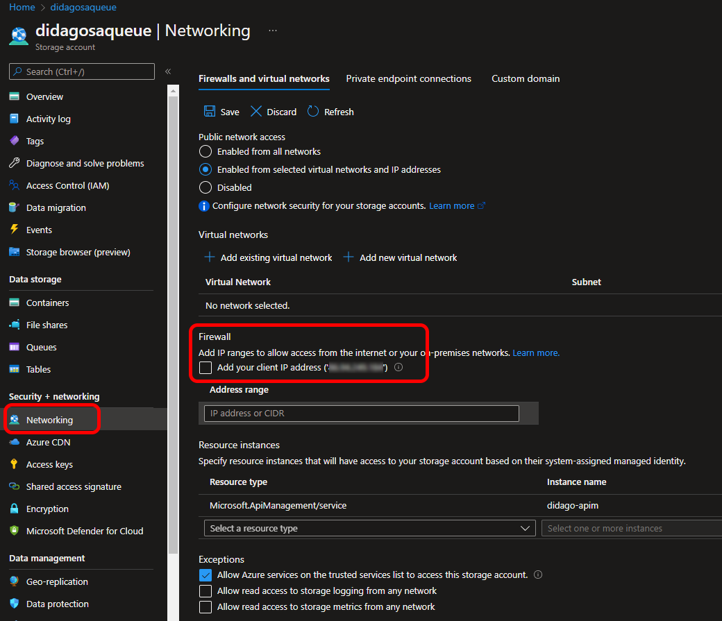 Storage account network settings